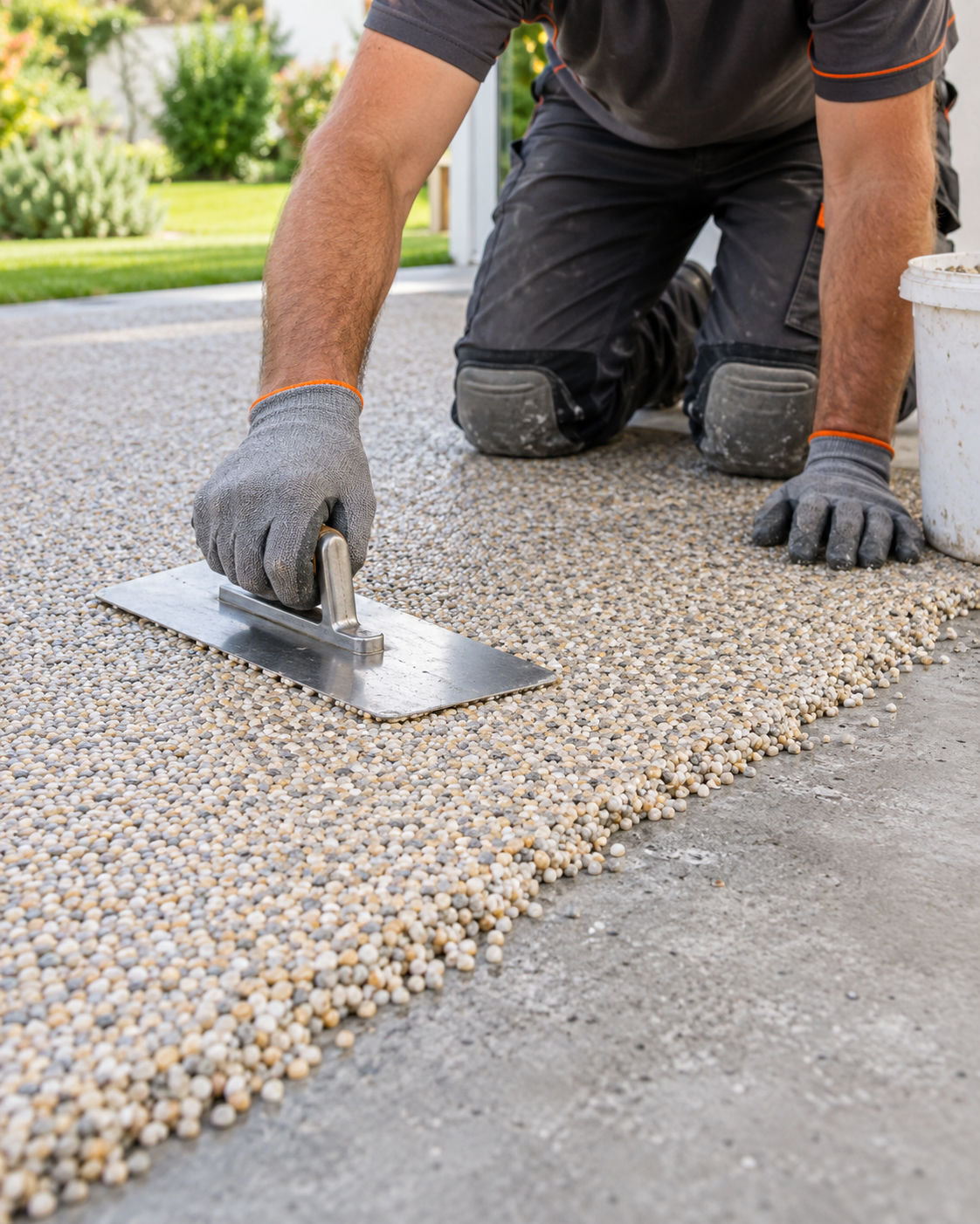 Handwerker verlegt Steinteppich auf Terrasse