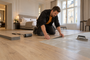 Profi verlegt Eichenoptik-Vinyl im Hotelzimmer
